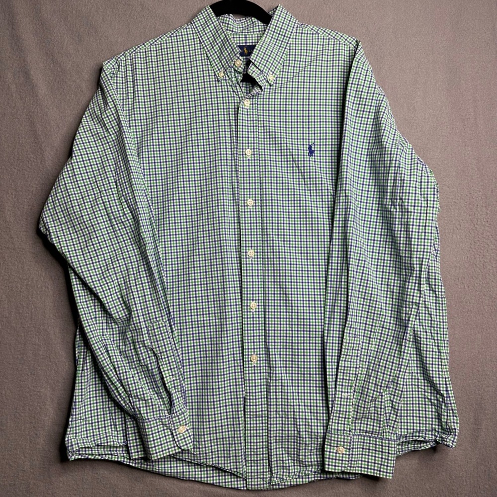Ralph Lauren XL Gingham Button Down Shirt Long‎ Sleeve Casual Dress Blue Green